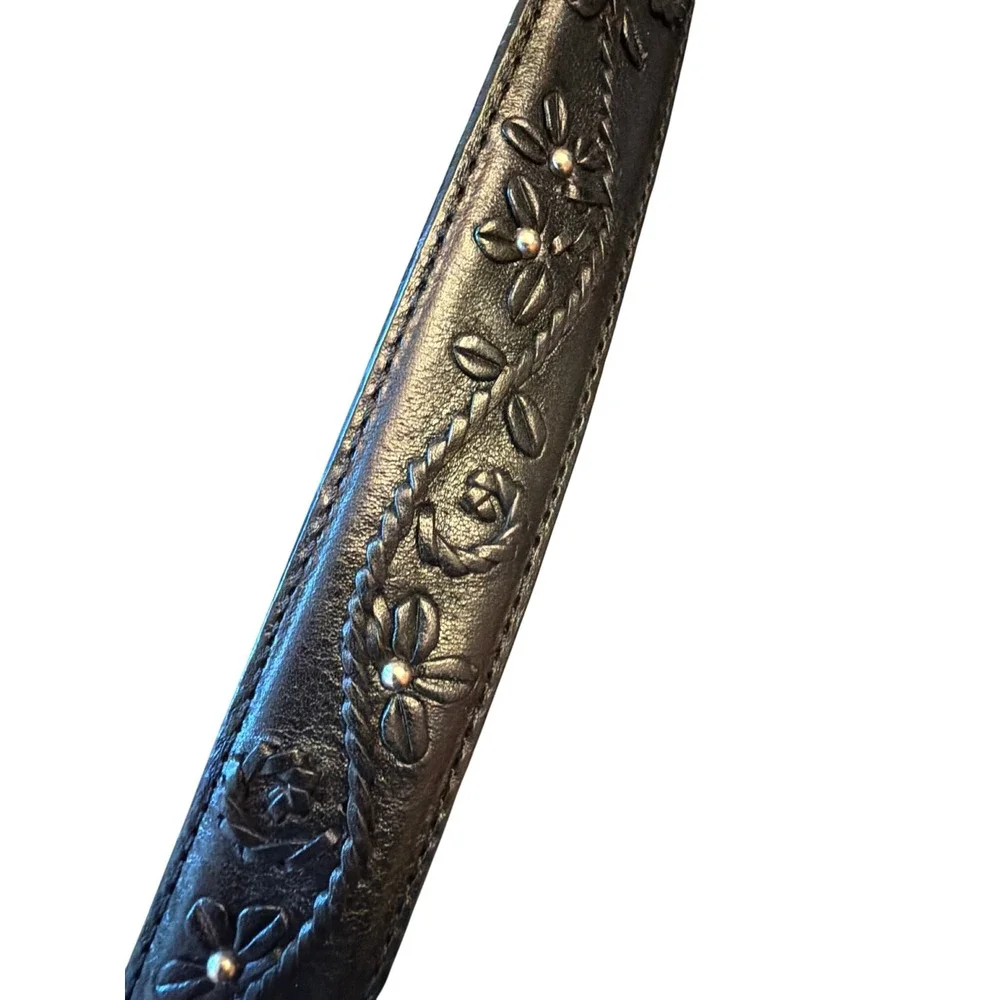Brighton Belt Black Floral Embossed Leather Studded Western Silver Buckle M 30